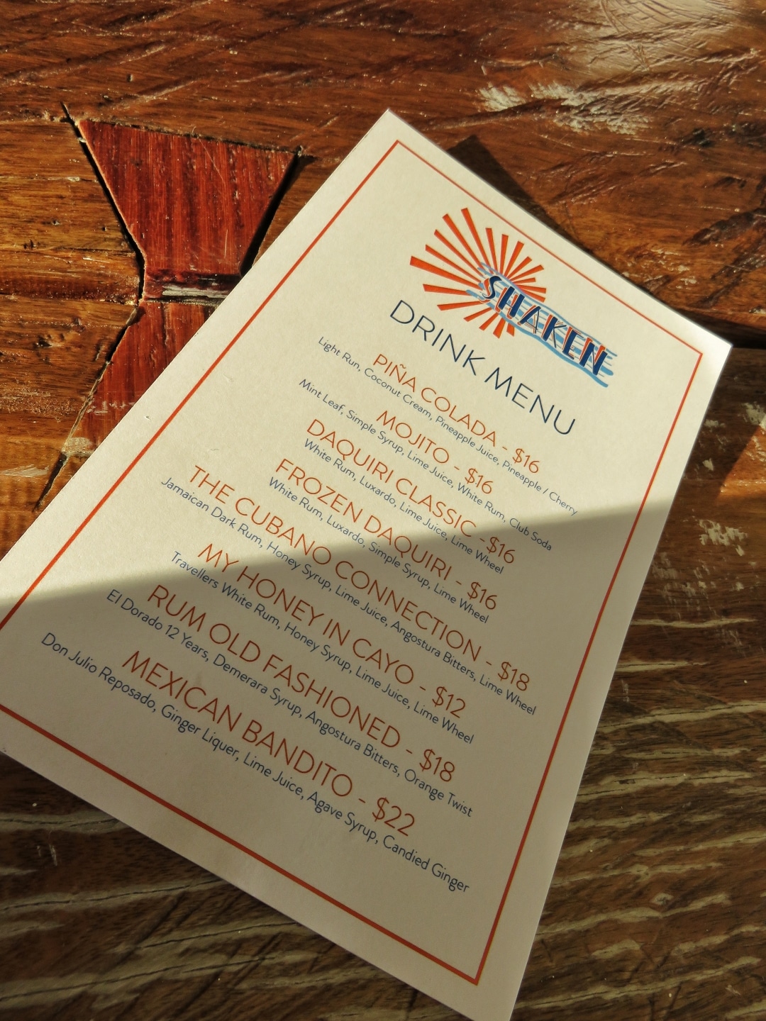 Drink Menu, Shaken Pool Bar, San Pedro, Belize