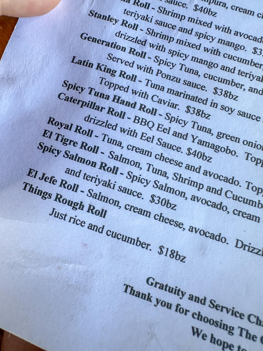 Sushi menu