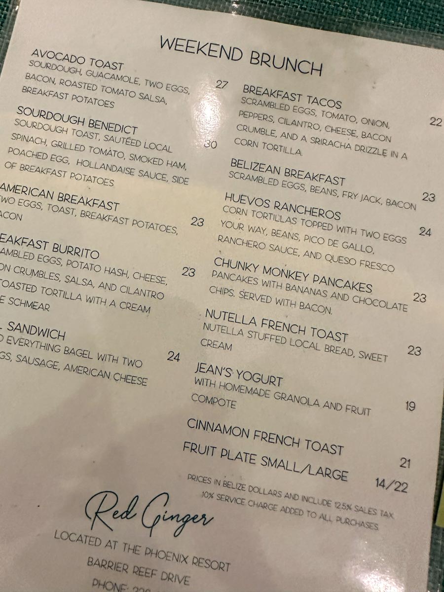 Brunch menu at Red Ginger