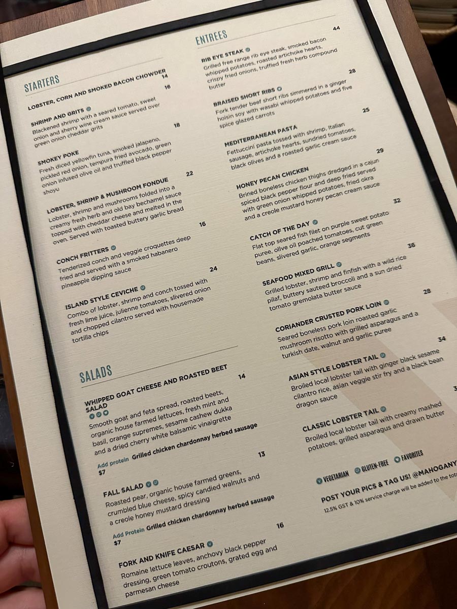 Dinner menu at MBV
