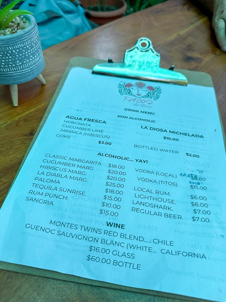 Drink Menu at La Diosa
