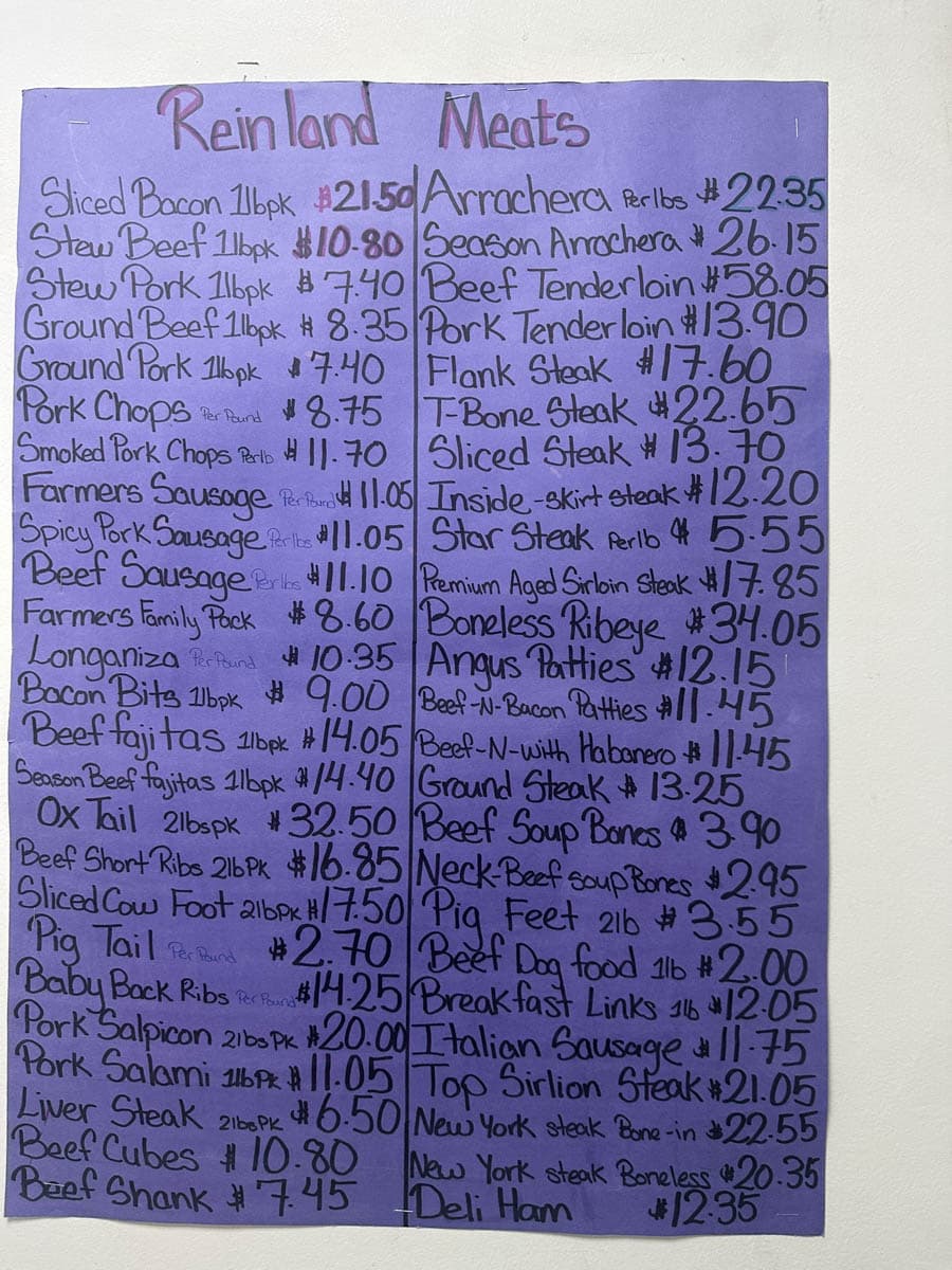 Prices for reinland meats in San Pedro